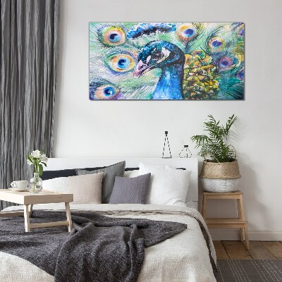 Colorful peacock among feathers Glass Wall Art