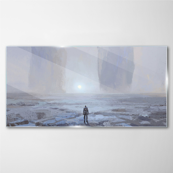 Wandering alone in a misty space Glass Wall Art