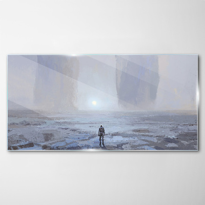 Wandering alone in a misty space Glass Wall Art