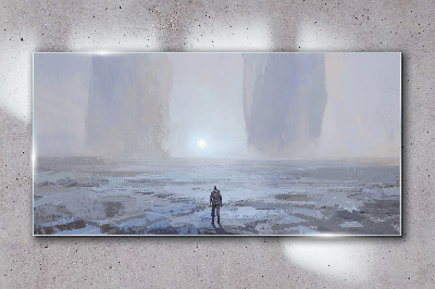 Wandering alone in a misty space Glass Wall Art