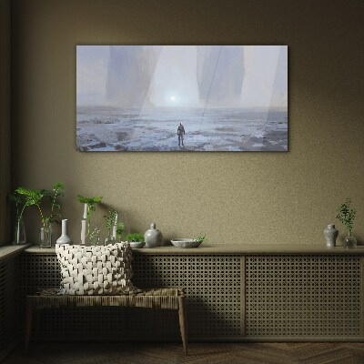 Wandering alone in a misty space Glass Wall Art