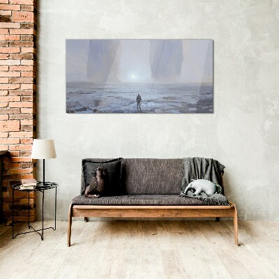 Wandering alone in a misty space Glass Wall Art