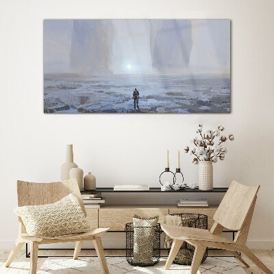 Wandering alone in a misty space Glass Wall Art