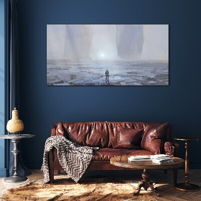 Wandering alone in a misty space Glass Wall Art