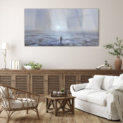 Wandering alone in a misty space Glass Wall Art