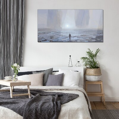 Wandering alone in a misty space Glass Wall Art
