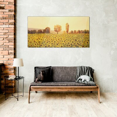 Sunflower field in the setting sun Glass Wall Art