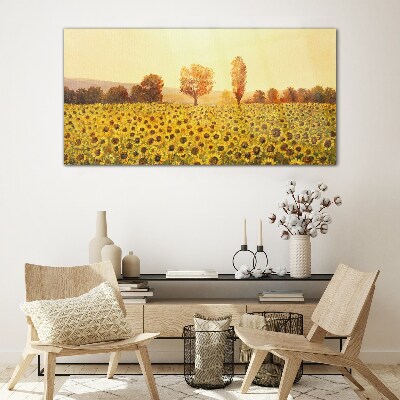 Sunflower field in the setting sun Glass Wall Art