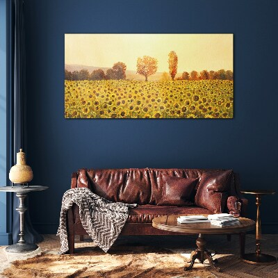 Sunflower field in the setting sun Glass Wall Art