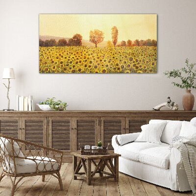 Sunflower field in the setting sun Glass Wall Art