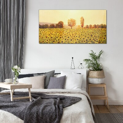 Sunflower field in the setting sun Glass Wall Art