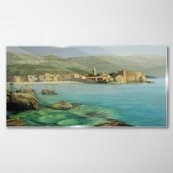 Seaside landscape with mountain hills Glass Wall Art