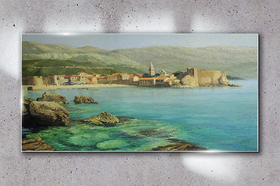 Seaside landscape with mountain hills Glass Wall Art