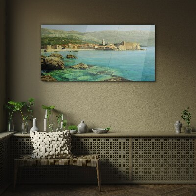 Seaside landscape with mountain hills Glass Wall Art
