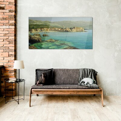 Seaside landscape with mountain hills Glass Wall Art