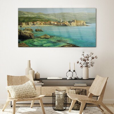 Seaside landscape with mountain hills Glass Wall Art