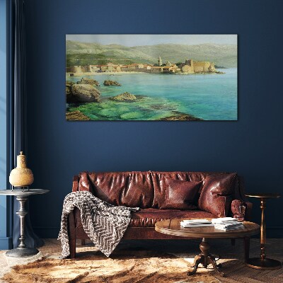 Seaside landscape with mountain hills Glass Wall Art