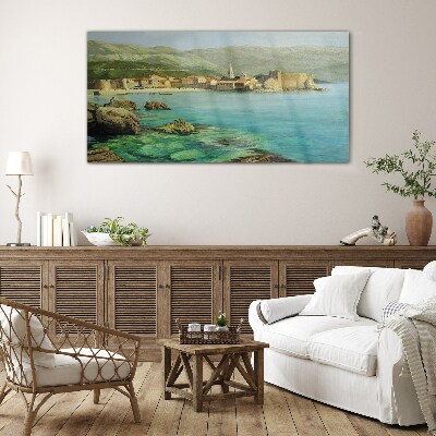 Seaside landscape with mountain hills Glass Wall Art