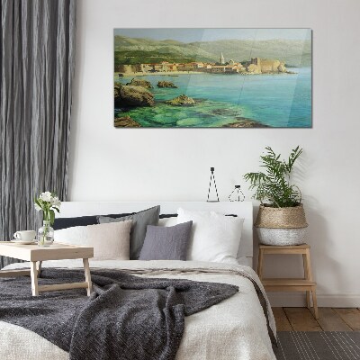 Seaside landscape with mountain hills Glass Wall Art