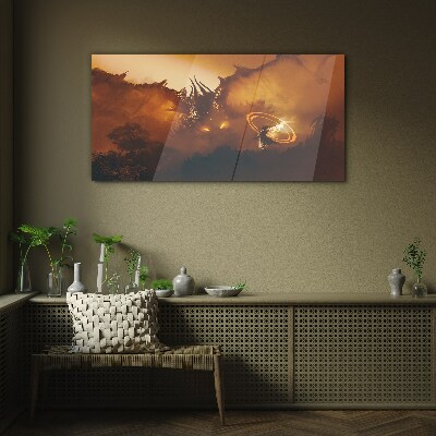 Dragon in the fire of a magical ritual Glass Wall Art