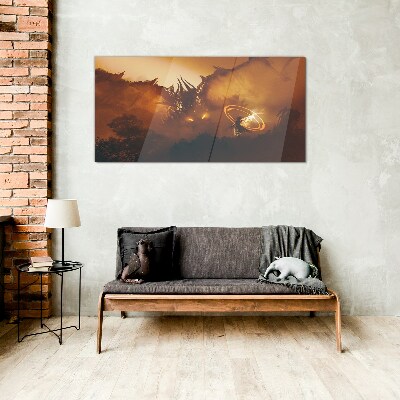 Dragon in the fire of a magical ritual Glass Wall Art