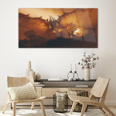 Dragon in the fire of a magical ritual Glass Wall Art