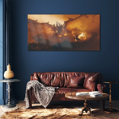 Dragon in the fire of a magical ritual Glass Wall Art