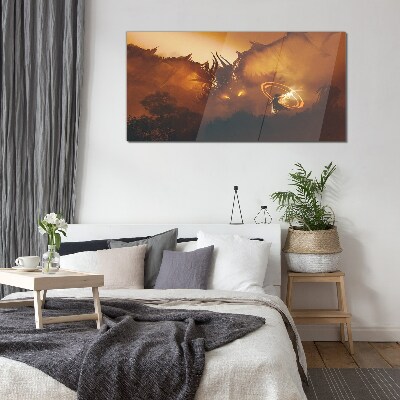 Dragon in the fire of a magical ritual Glass Wall Art