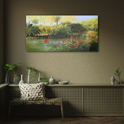 Tropical landscape with a river Glass Wall Art