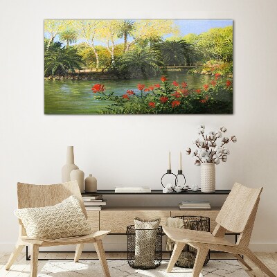 Tropical landscape with a river Glass Wall Art