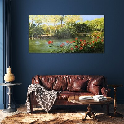 Tropical landscape with a river Glass Wall Art