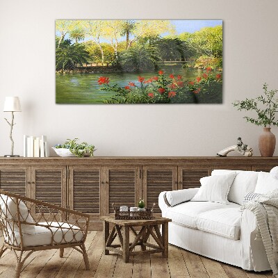 Tropical landscape with a river Glass Wall Art