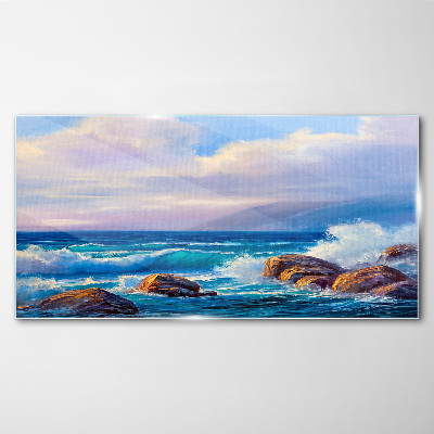 Waves on the shores of a rocky coast Glass Wall Art