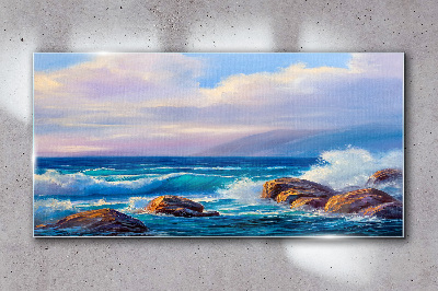 Rock sea waves clouds Glass Wall Art
