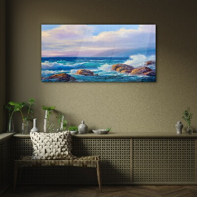 Waves on the shores of a rocky coast Glass Wall Art
