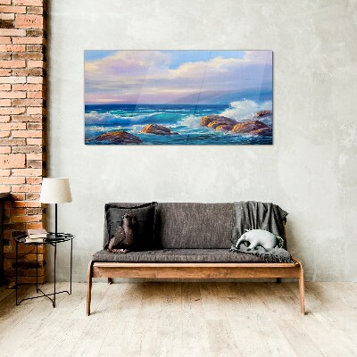 Waves on the shores of a rocky coast Glass Wall Art