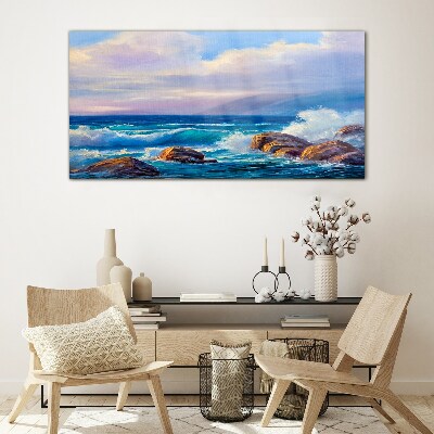 Waves on the shores of a rocky coast Glass Wall Art