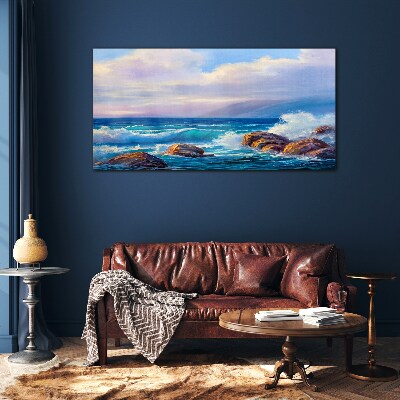 Waves on the shores of a rocky coast Glass Wall Art
