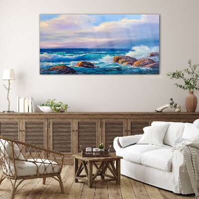 Waves on the shores of a rocky coast Glass Wall Art