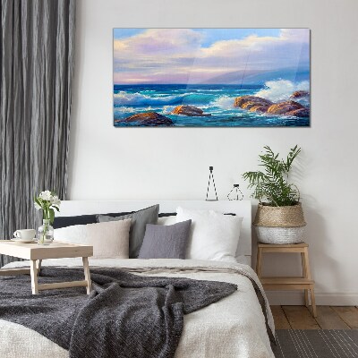 Waves on the shores of a rocky coast Glass Wall Art