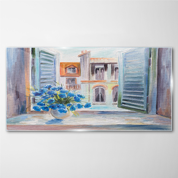 Flowers by the open window Glass Wall Art