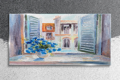 Flowers by the open window Glass Wall Art