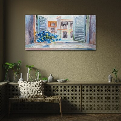 Flowers by the open window Glass Wall Art