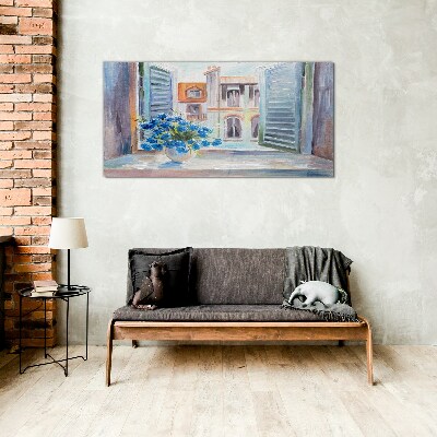 Flowers by the open window Glass Wall Art