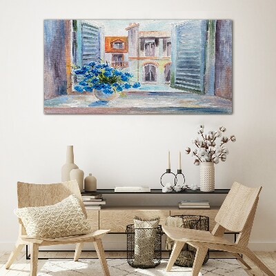 Flowers by the open window Glass Wall Art