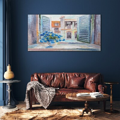 Flowers by the open window Glass Wall Art