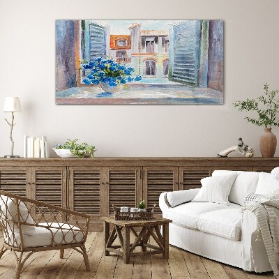 Flowers by the open window Glass Wall Art