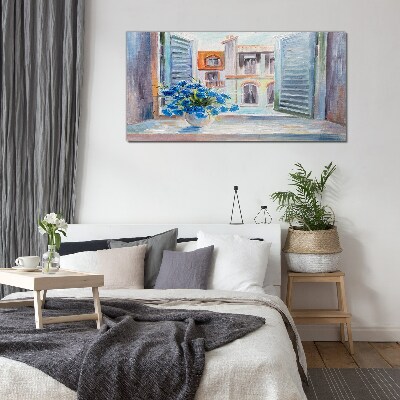Flowers by the open window Glass Wall Art