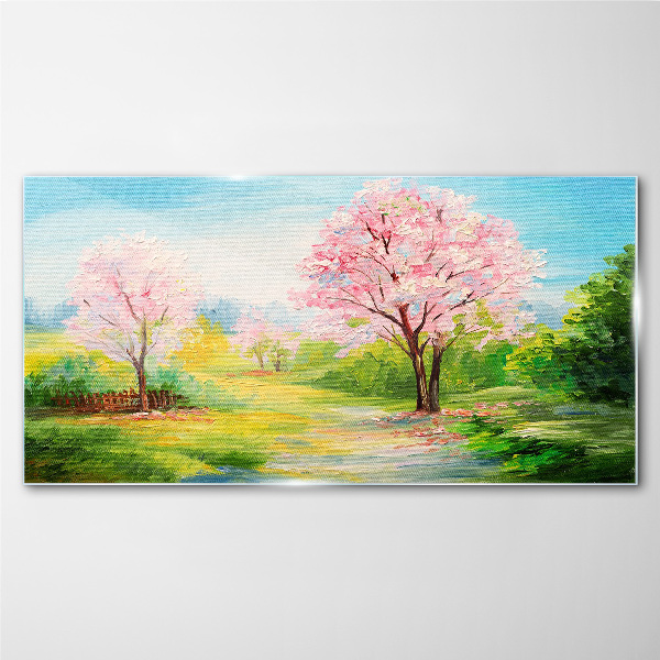 Spring trees in pink blossom Glass Wall Art