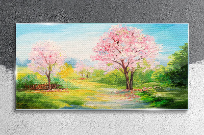 Spring trees in pink blossom Glass Wall Art